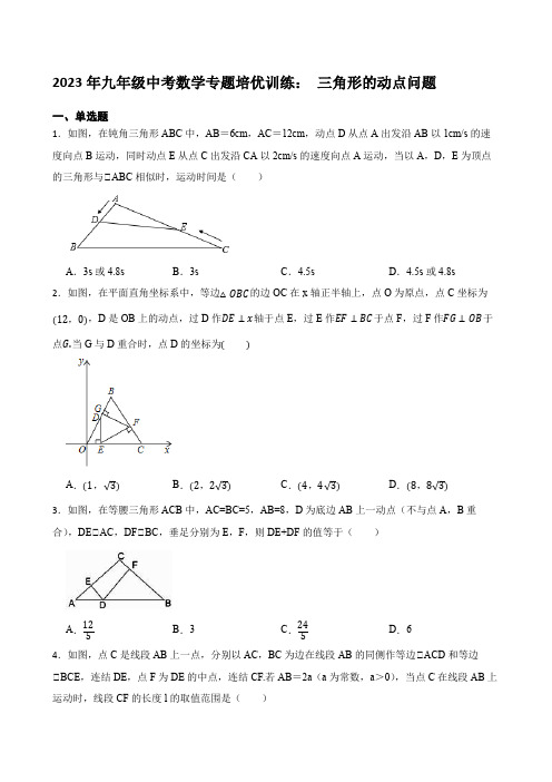 2023年九年级中考数学专题培优训练： 三角形的动点问题【含答案】