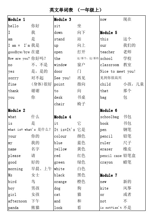 外研社英语单词一年级上册