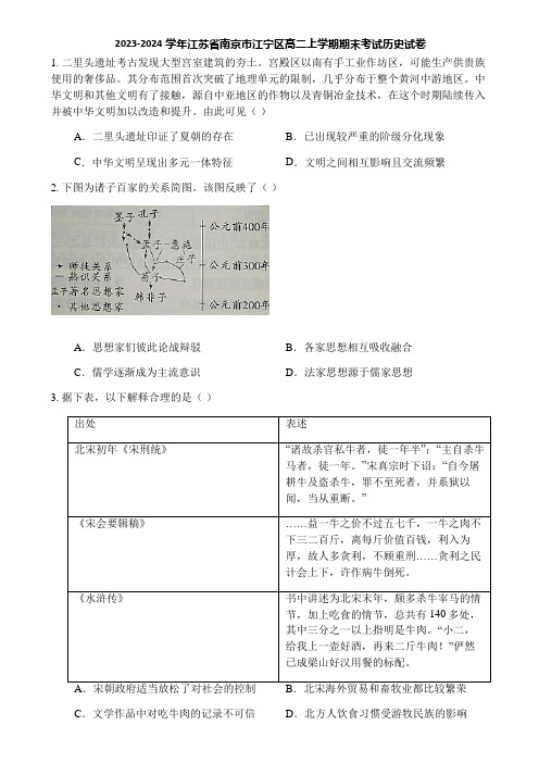 2023-2024学年江苏省南京市江宁区高二上学期期末考试历史试卷