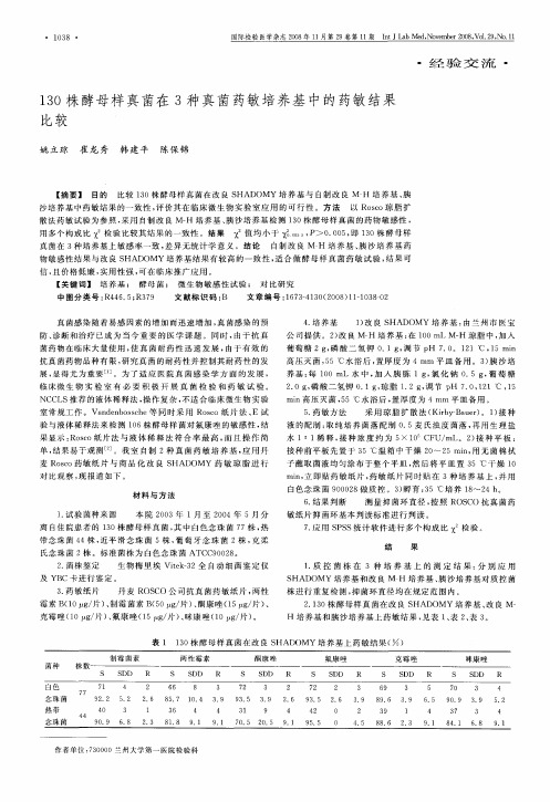 130株酵母样真菌在3种真菌药敏培养基中的药敏结果比较