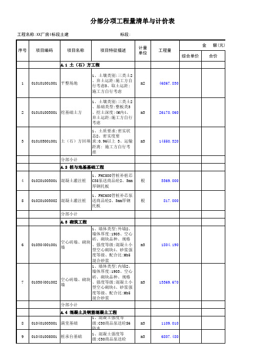 XX厂房I标段土建工程量清单