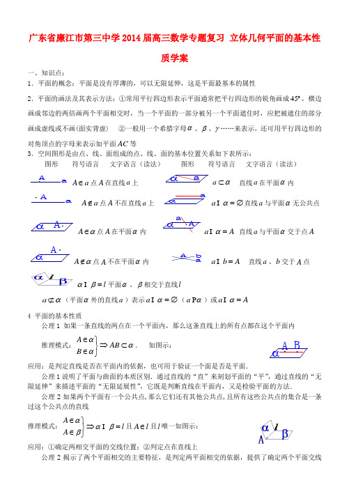 广东省廉江市第三中学高三数学专题复习 立体几何平面的基本性质学案