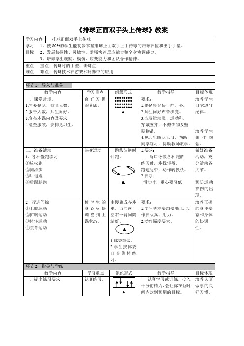 《排球正面双手头上传球》教案