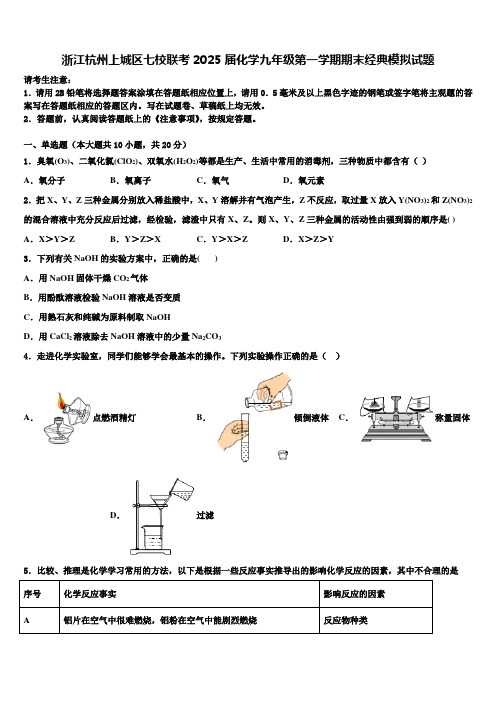 浙江杭州上城区七校联考2025届化学九年级第一学期期末经典模拟试题含解析