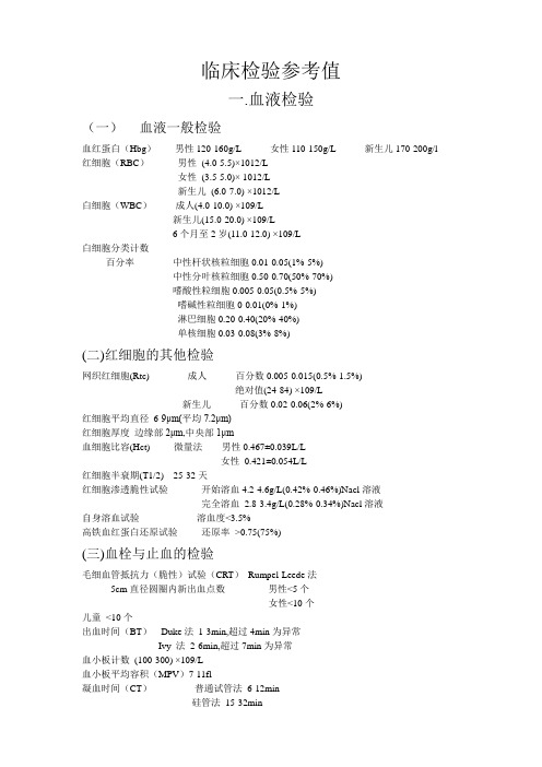 常用的临床检验参考值