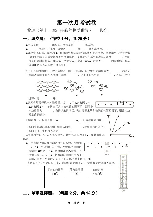 第一次月考试卷九年级物理第十一章多彩的物质世界