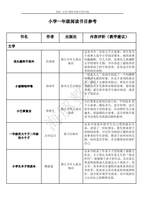 小学一年级阅读书目参考