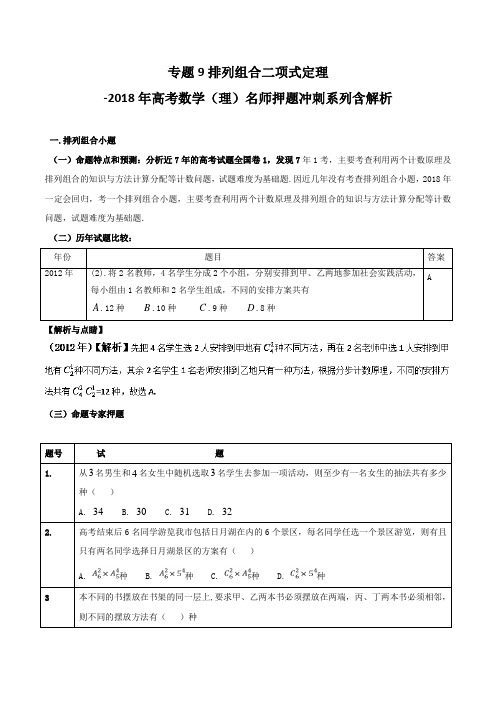 专题9排列组合二项式定理-2018年高考数学(理)名师押题冲刺系列含解析