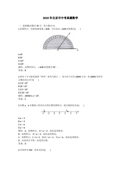 2016年北京市中考真题数学