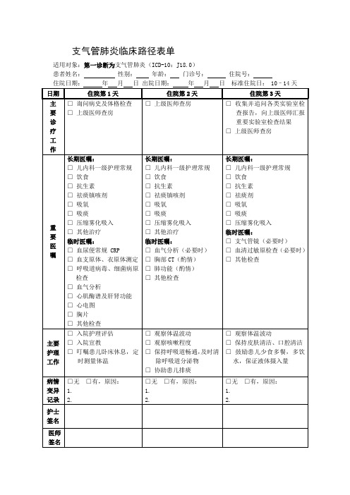 支气管肺炎临床路径表单