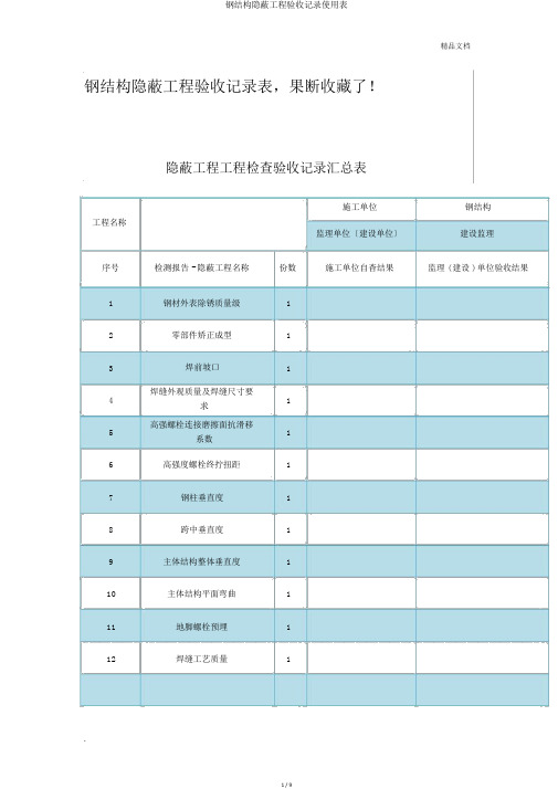 钢结构隐蔽工程验收记录使用表