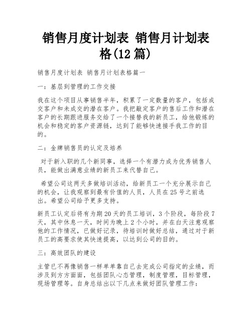 销售月度计划表 销售月计划表格(12篇)