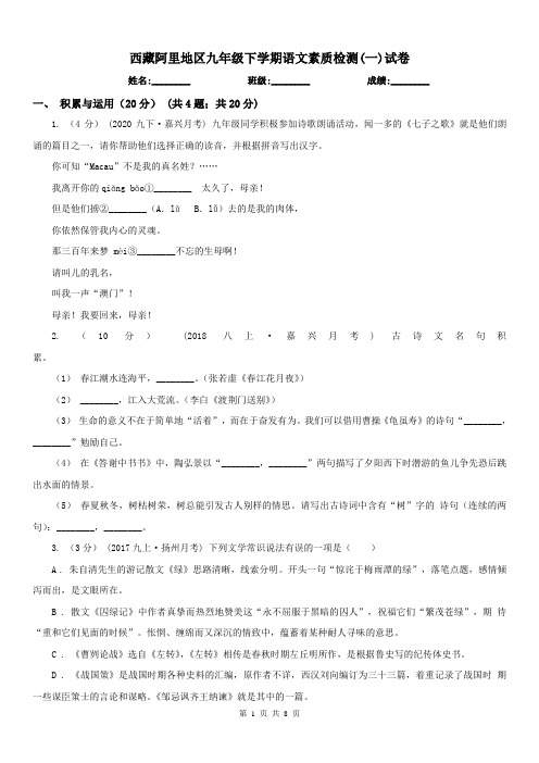 西藏阿里地区九年级下学期语文素质检测(一)试卷