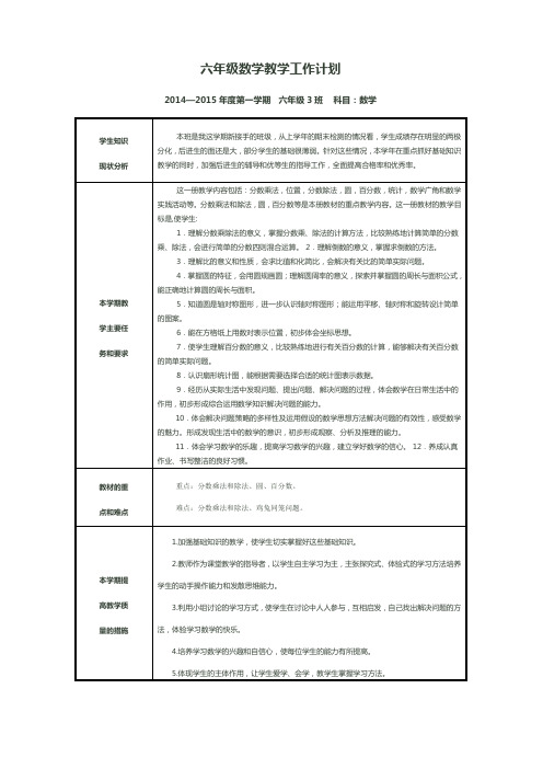 2014-2015学年度第一学期六年级数学教学计划