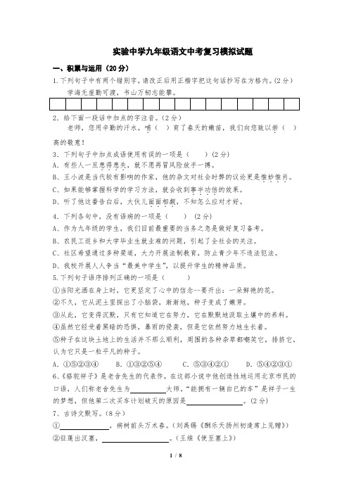 【湖北省】枣阳市实验中学2018-2019学年九年级语文中考复习模拟测试题(含答案)