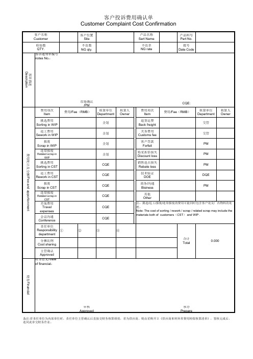 客户投诉费用确认单