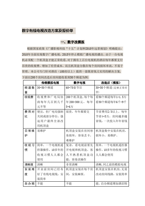 数字有线电视改造方案及报价单