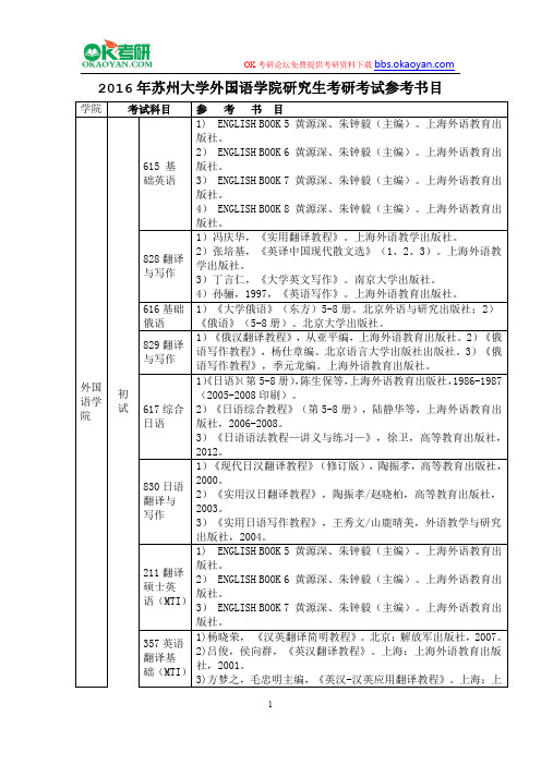 2016年苏州大学外国语学院研究生考研考试参考书目