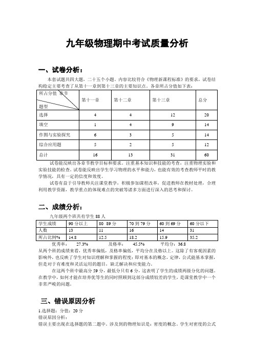 九年级物理期中考试质量分析