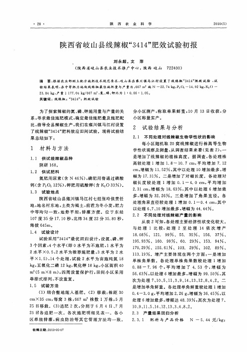 陕西省岐山县线辣椒“3414”肥效试验初报