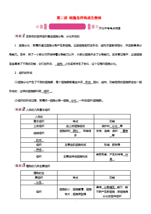 中考命题研究怀化专版2017年中考生物教材知识梳理第二单元生物体的结构层次第二讲细胞怎样构成生物体