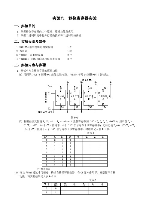 实验九 移位寄存器实验