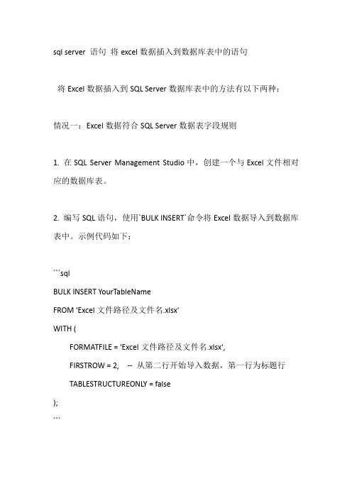 sql server 语句 将excel数据插入到数据库表中的语句