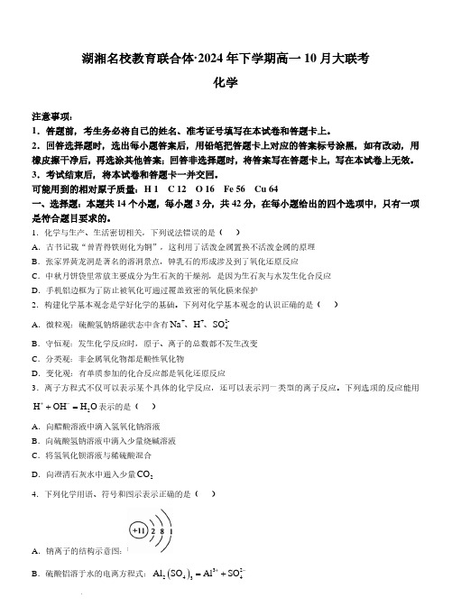 湖南名校教育联合体2024年高一10月月考化学试题+答案