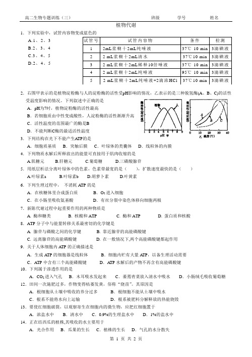 专题训练(3)植物代谢