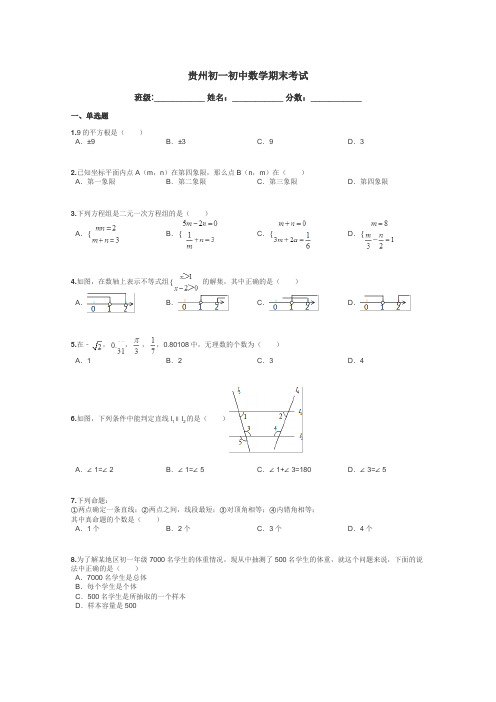 贵州初一初中数学期末考试带答案解析
