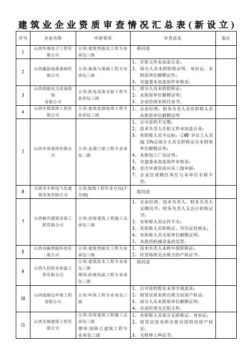 建筑业企业资质审查情况汇总表(新设立)