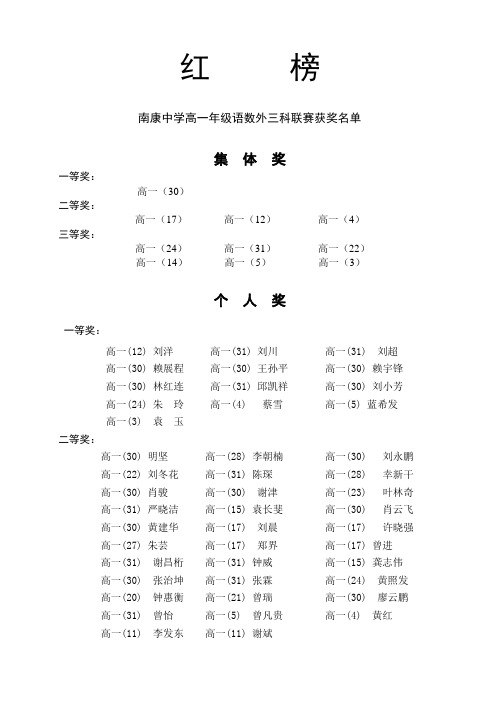 南康中学高一年级语数外三科联赛获奖名单