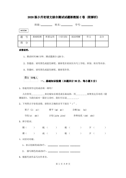 2020版小升初语文综合测试试题浙教版C卷 (附解析)