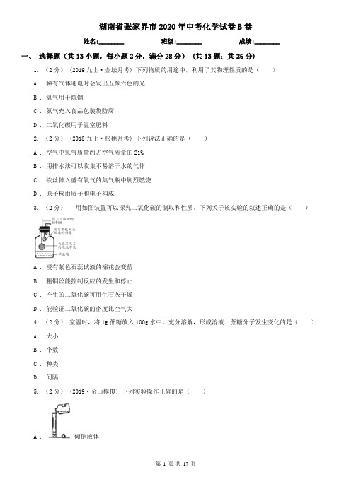 湖南省张家界市2020年中考化学试卷B卷