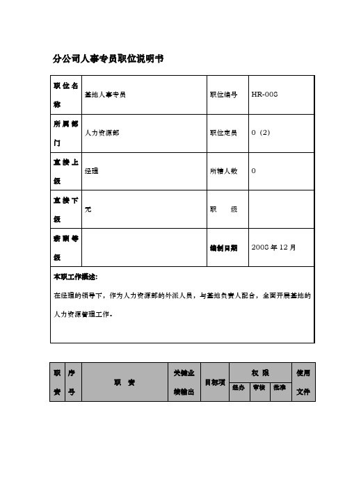 某航空物流公司分公司人事专员职位说明书及关键绩效标准