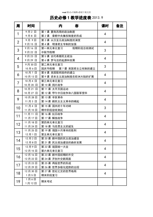 人教版历史必修一教学进度表