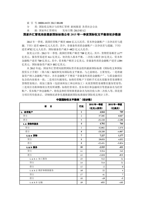 国家外汇管理局按最新国际标准公布2015年一季度国际收支平衡表初步数据