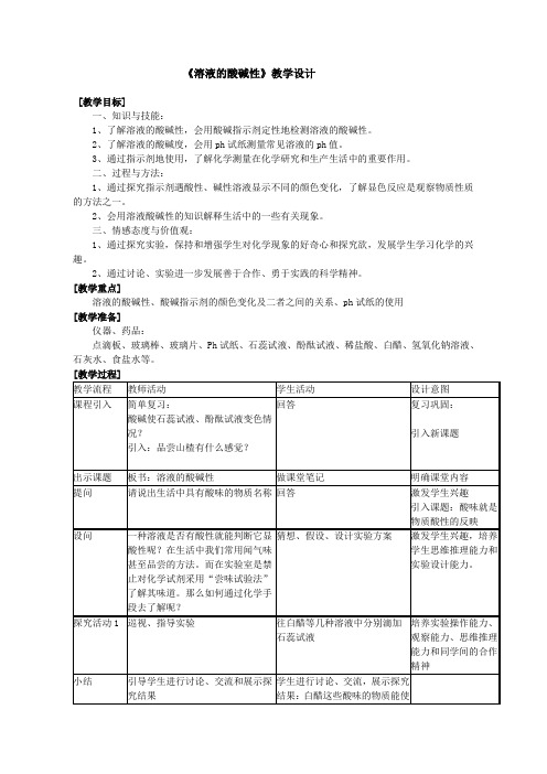 鲁教版化学 7.3溶液的酸碱性 教案设计