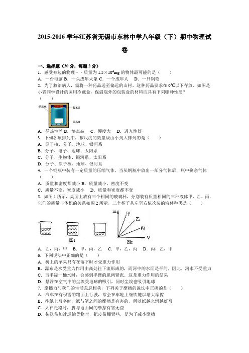 江苏省无锡市东林中学2015-2016学年八年级(下)期中物理试卷(解析版)