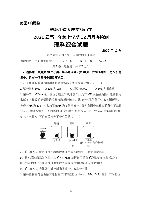 2021届黑龙江省大庆实验中学高三年级上学期12月月考理科综合试题及答案