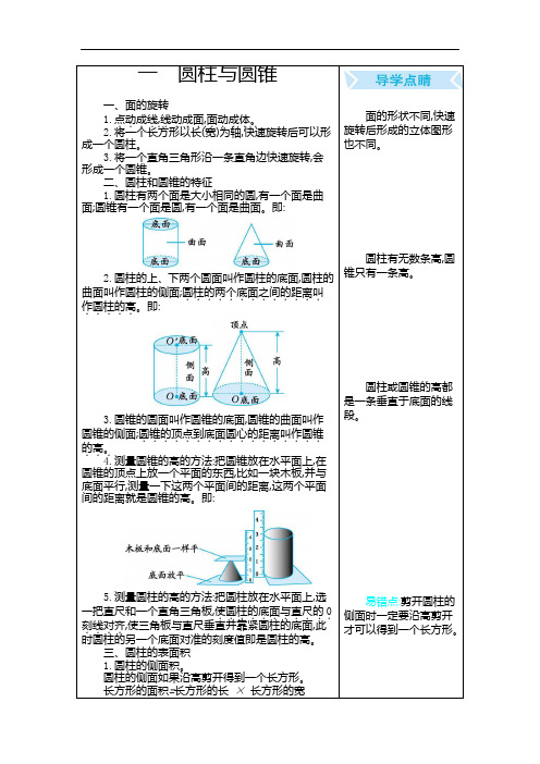 北师大版六年级数学下册第1单元 圆柱与圆锥 知识点汇总