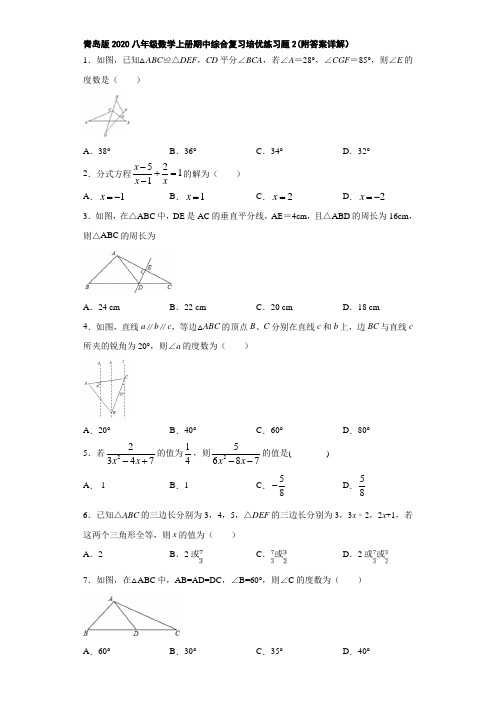 青岛版2020八年级数学上册期中综合复习培优练习题2(附答案详解)