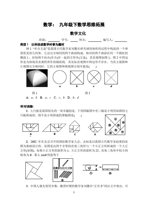 初中数学精品试题：九下思维拓展十：数学文化