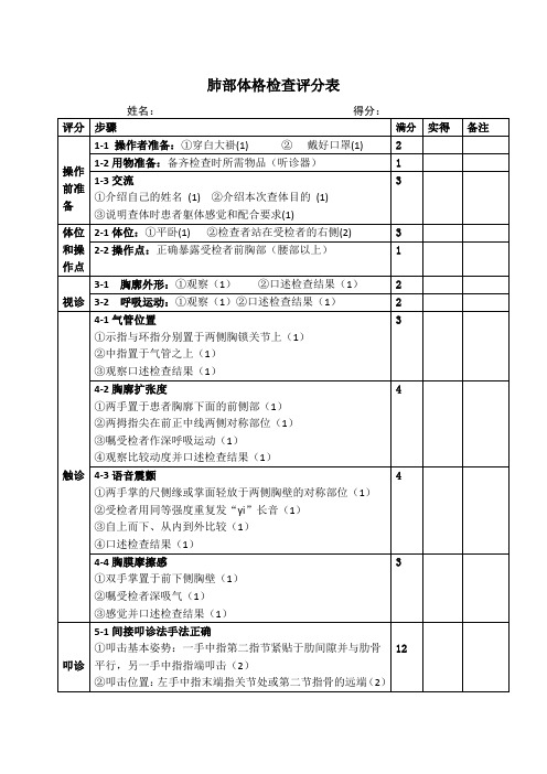 肺部体格检查评分表