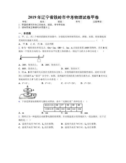 2019年辽宁省铁岭市中考物理试卷甲卷附解析