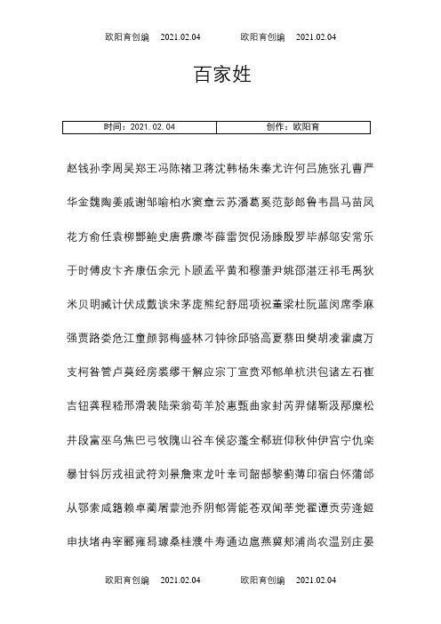 百家姓楷书字帖之欧阳育创编