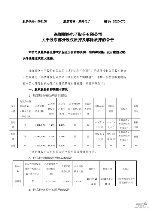 顺络电子：关于股东部分股权质押及解除质押的公告