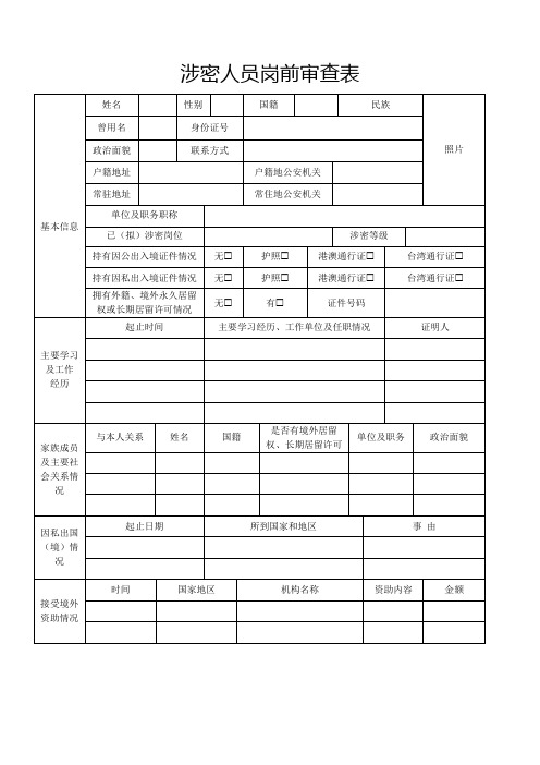 涉密人员岗前审查表