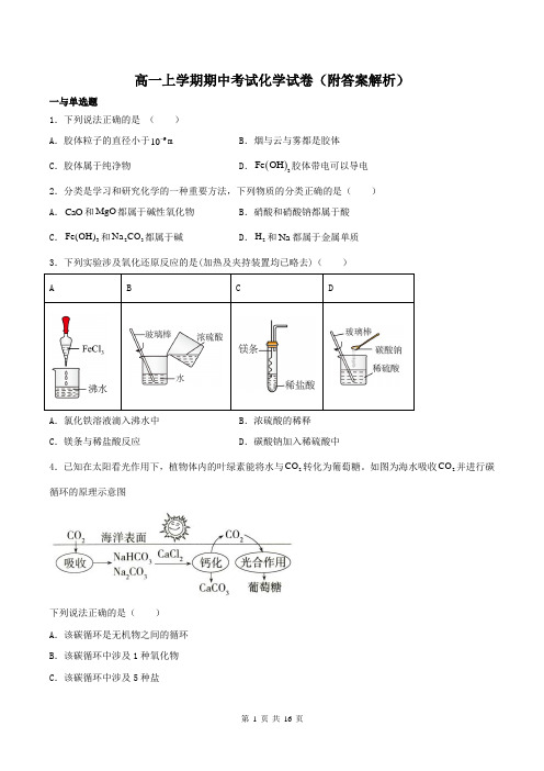 高一上学期期中考试化学试卷(附答案解析)