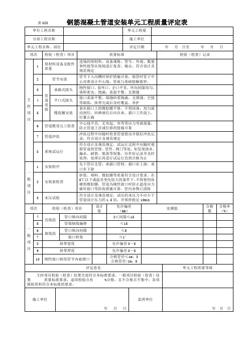 表G28钢筋混凝土管道安装单元工程质量评定表